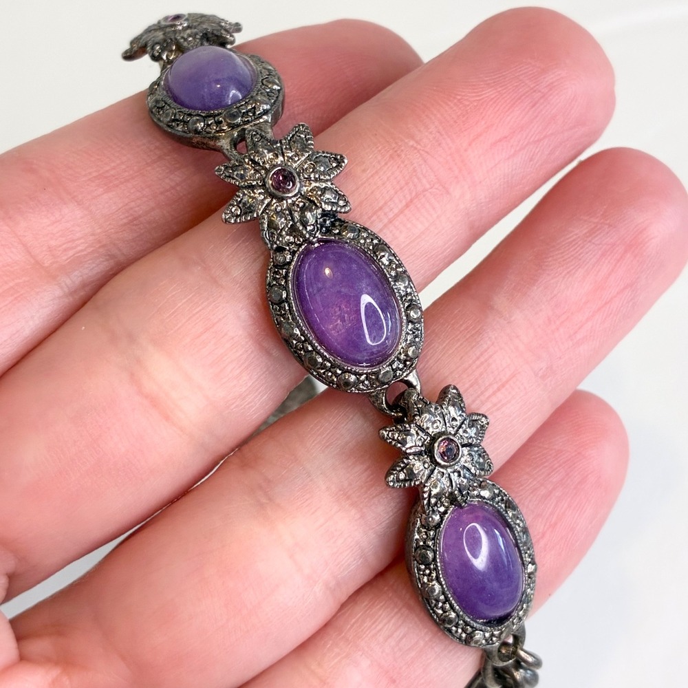 Vintage Premier Designs Bracelet Floral Purple Cabochon Rhinestone Silver Tone - Picture 9 of 11